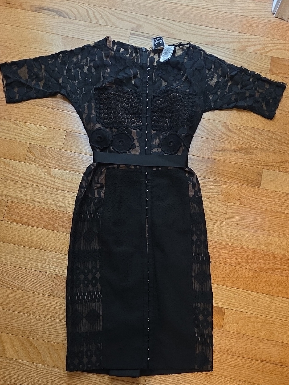 Black Lace Midi Dress with Floral Waist Accents